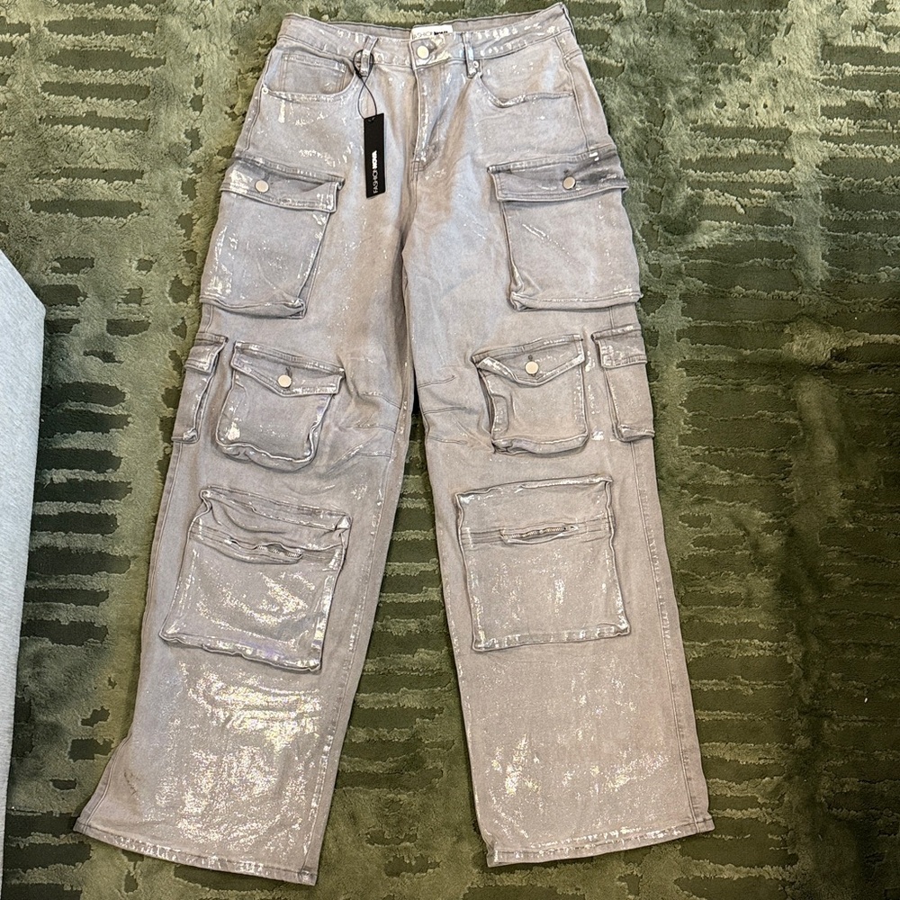Fashion Nova Silver Foil Baggy Cargo Jeans
